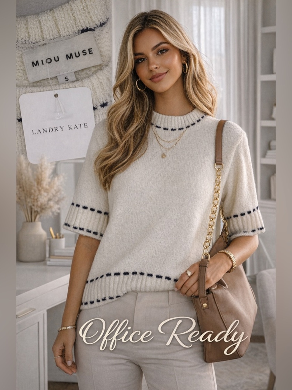 Miou Muse Cream Knit Sweater Top S | Coastal Preppy Short Sleeve NWT